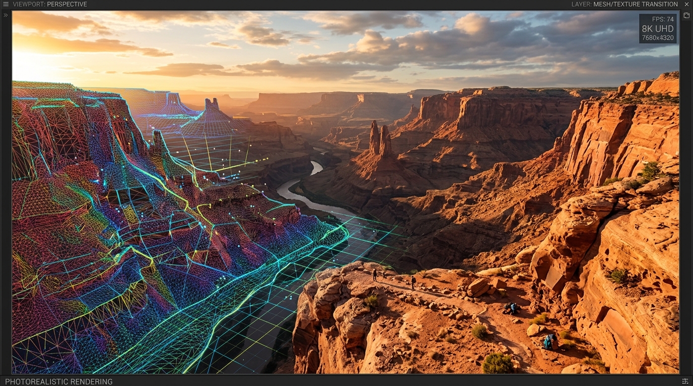 Unreal Engine Nanite 2.0 Micropolygon Wireframe Canyon Viewport